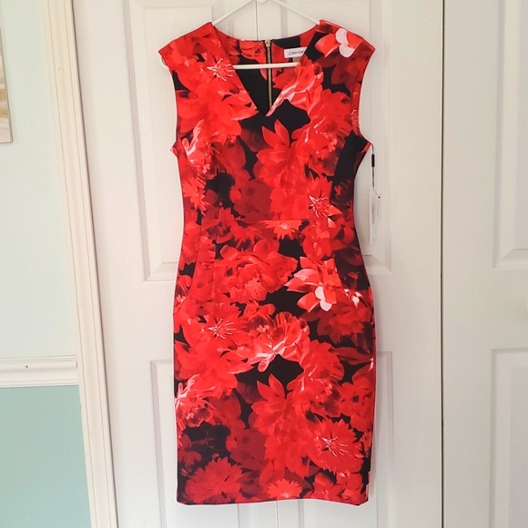Calvin Klein Dresses & Skirts - Calvin Klein Red Floral MidRise Dress Size 10
